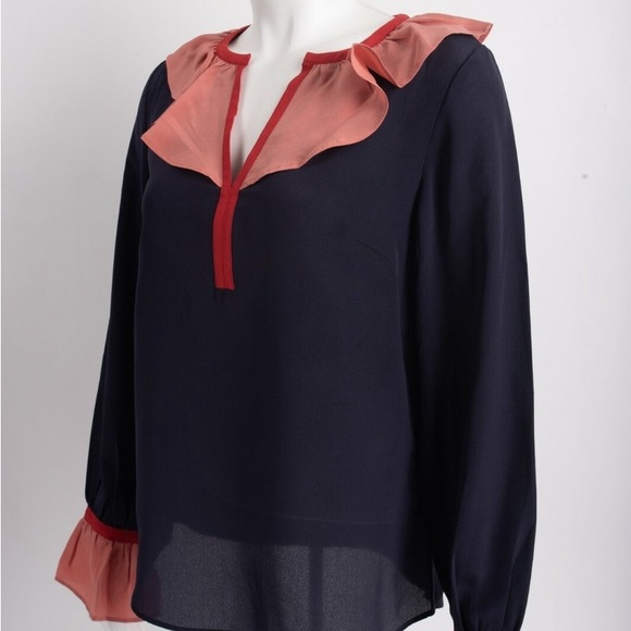 Boden Constance Silk Blouse Top Ruffled - Navy Blue and Pink and Red - Picture 2 of 5